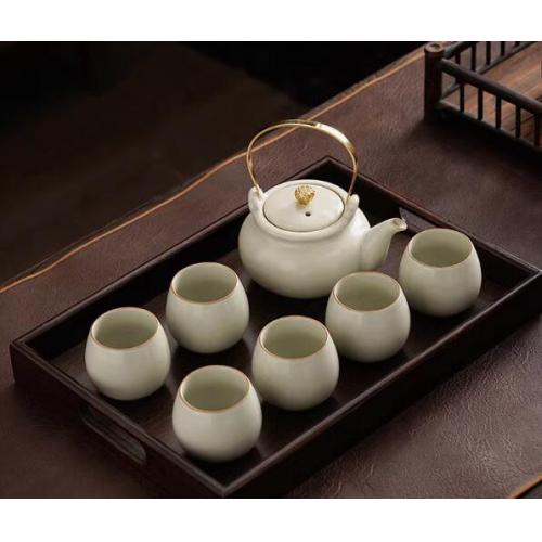 琦轩汝窑茶具套装家用轻奢茶艺茶壶办公室会客陶瓷功夫茶杯品茗杯